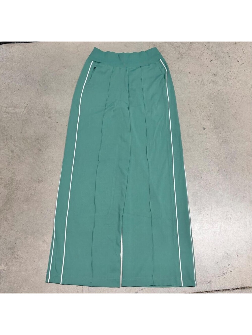 Athleta Venice High Rise Track Stripe Wide Leg Pants Green White Piping Sz MT